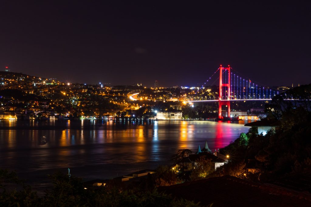 Stunning night view of the illuminated Bosphorus Bridge reflecting over the Bosphorus Strait in Istanbul.